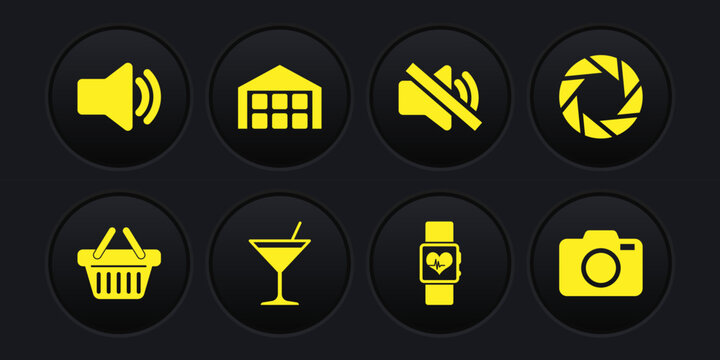 Set Shopping basket, Camera shutter, Martini glass, Smart watch heart beat rate, Speaker mute and Warehouse icon. Vector
