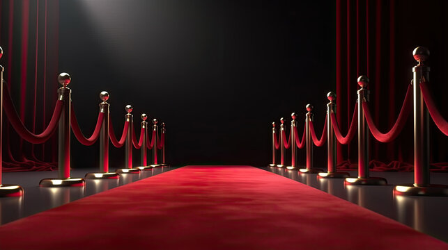 red carpet and rope barrier with red curtain background