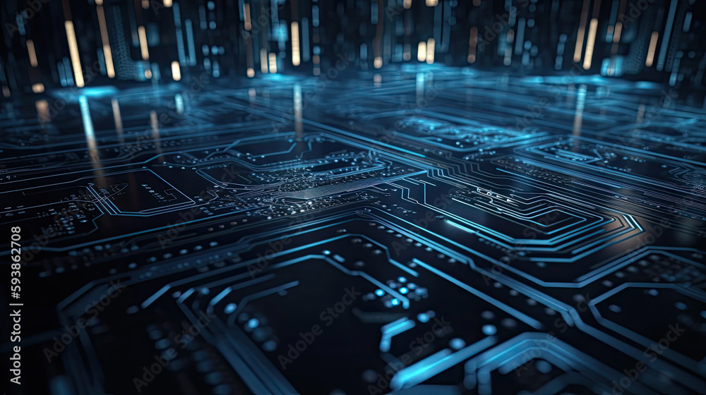 Wall mural technology background with light moving server circuit board