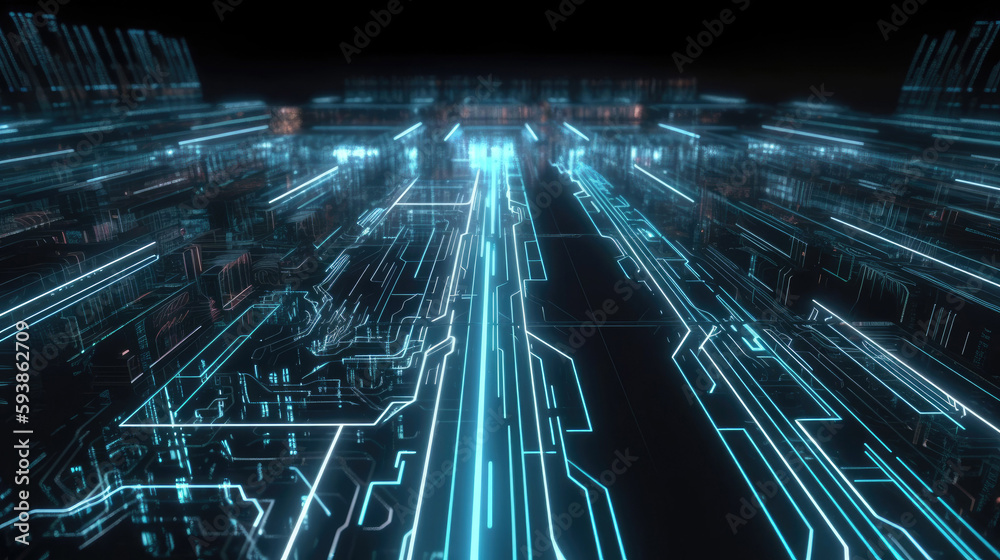 Wall mural technology background with light moving server circuit board