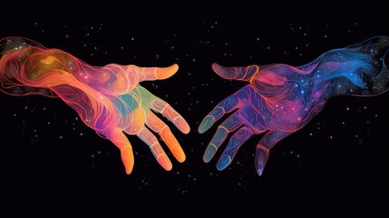 Obraz na płótnie Canvas Two Silhouette hands of god, universe starry night dream background
