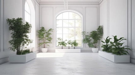Fototapeta na wymiar White wall empty interior room with plants on a floor