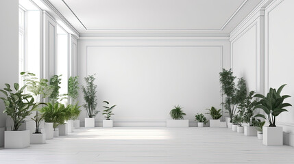 White wall empty interior room with plants on a floor