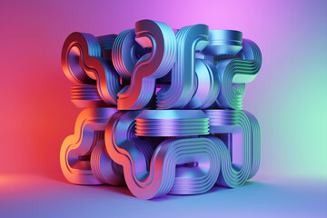 Abstract shape against pink  and blue background, 3D illustration.  Smooth shape 3d rendering