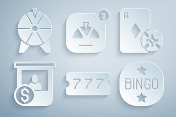 Set Lottery ticket, Casino chip and playing cards, chips exchange, Bingo, Lucky wheel and icon. Vector