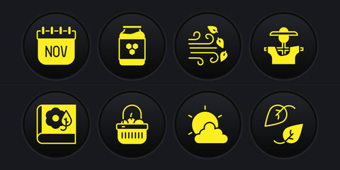 Set Herbarium, Scarecrow, Basket and food, Sun cloud weather, Windy, Jar of honey, Leaf and November calendar autumn icon. Vector