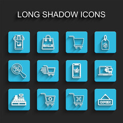 Set line Cash register machine, Refresh shopping cart, Mobile and, Remove, Hanging sign with Open door, Shopping, on laptop and basket icon. Vector