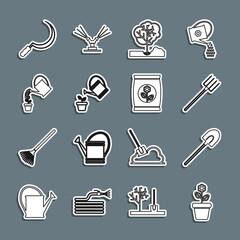 Set line Flower in pot, Garden shovel, pitchfork, Planting tree the ground, Watering can, Sickle and Fertilizer bag icon. Vector