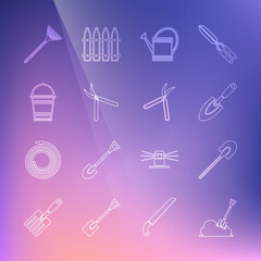Set line Shovel in the ground, Garden shovel, trowel spade or, Watering can, Gardening handmade scissor, Bucket, rake for leaves and icon. Vector
