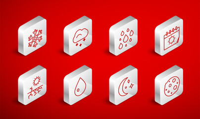 Set line Moon, Cloud with snow, Water drop, Calendar and sun, stars, Snowflake, and Drought icon. Vector