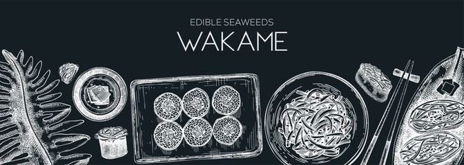  Edible seaweed background on chalkboard. Hand-drawn wakame algae border design. Sea vegetable and healthy food vector illustrations. Japanese cuisine. Trendy restaurant menu template
