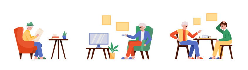 Set of colored cartoon characters of old people doing different things. Senior people spending time reading newspaper. watching TV and playing chess. Happy old age. Vector
