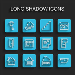 Set line House, Garage, key, Hanging sign with Rent, Bathtub, Market store, plan and icon. Vector