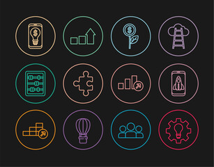 Fototapeta premium Set line Light bulb and gear, Startup project concept, Dollar plant, Piece of puzzle, Abacus, with dollar mobile, Financial growth and icon. Vector