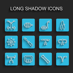 Set line Bicycle handlebar, speedometer, for kids, suspension, Screwdriver, and icon. Vector