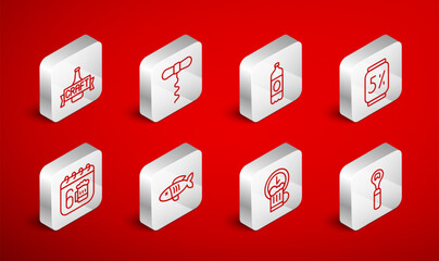 Set line Bottle opener, Wine corkscrew, Plastic beer bottle, Beer can, Happy hour, Dried fish and Saint Patricks day calendar icon. Vector