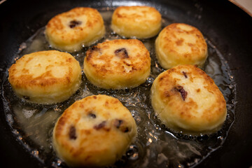 fresh tasty cheese pancakes cheesecakes are fried in a pan, ukraine traditional food