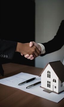 Real estate agent shaking hands with customer after signing contract for buying a house. High quality photo