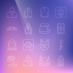 Set line Bottle of water, Arabian saber, Star and crescent, Shirt kurta, Perfume, Muslim man prays, and Turkish hat icon. Vector