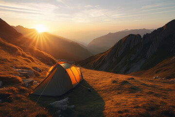 Get in touch with nature with a sustainable camping experience. Pitch a tent against the mountains during a breathtaking sunset. AI Generative.