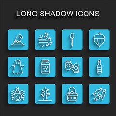 Set line Spider, Bare tree, Witch hat, Basket and food, Candy, Jar of honey, Bottle wine and Christmas mitten icon. Vector