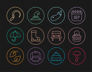 Set line Mushroom, Basket and food, Eggplant, Waterproof rubber boot, Umbrella, Sickle, Bench and Witch hat icon. Vector
