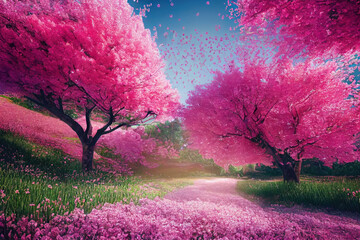Fototapeta na wymiar Romantic tunnel of pink sakura blossom trees in the spring, generative AI
