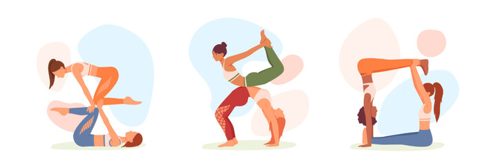 Set of cartoon characters of female friends doing sports together. Practicing yoga asanas with friends. Active and healthy lifestyle. Time for morning workout. Vector