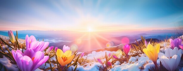 Fototapeta na wymiar spring flowers on melting snow with sunlight, end of winter. Generative AI
