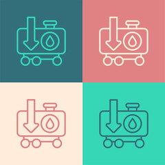 Pop art line Drop in crude oil price icon isolated on color background. Oil industry crisis concept. Vector