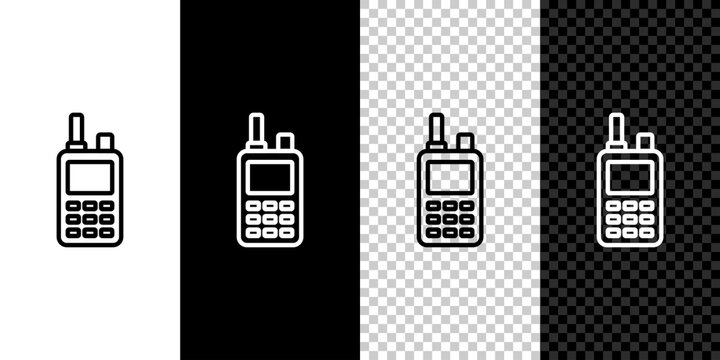 Set Line Walkie Talkie Icon Isolated On Black And White, Transparent Background. Portable Radio Transmitter Icon. Radio Transceiver Sign. Vector