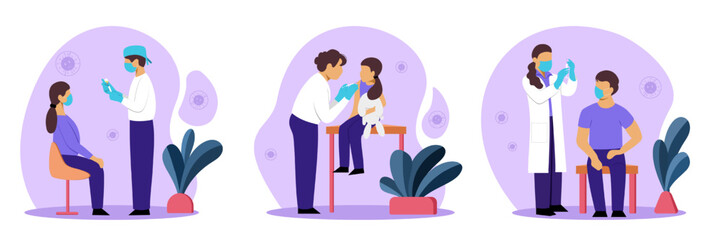 Set of colored cartoon characters of doctors and patients engaged in vaccination. Concept of protection from pandemic outbreak. Giving Covid 19 vaccination. Immunization schedule for kids. Vector