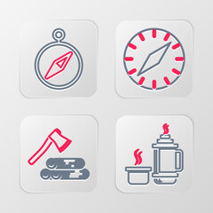 Set line Thermos container, Wooden axe and wood, Compass and icon. Vector