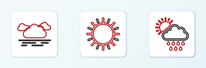 Set line Cloud with rain and sun, and Sun icon. Vector