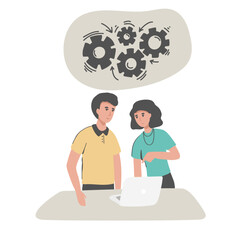 Elderly couple looking at laptop computer with smile in living room Vector illustration