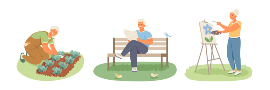 Set of cartoon characters of senior people practicing their hobbies. Old people planting, reading newspapers and painting. Concept of happy retirement. Vector