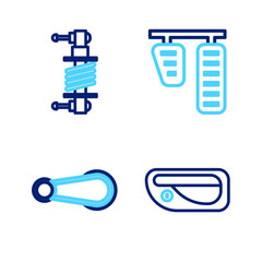 Set line Car door handle, gas brake pedals and Shock absorber icon. Vector