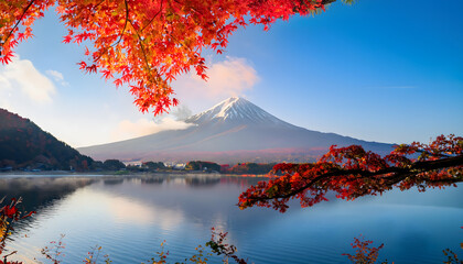 Colorful Autumn Season and Mountain Fuji with morning fog and red leaves at lake Kawaguchiko is one of the best places in Japan, Ai generated 