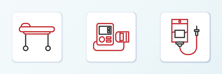 Set line IV bag, Stretcher and Blood pressure icon. Vector