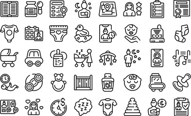 Night babysitting icons set outline vector. Baby service. Book bed