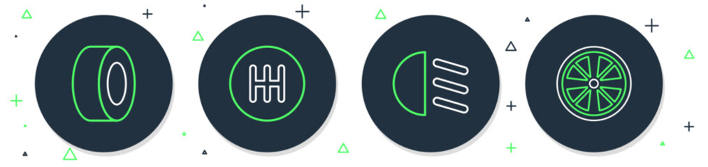 Set line Gear shifter, High beam, Car tire and Alloy wheel icon. Vector