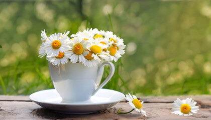 chamomile flowers in a cup,Chamomile Flowers In Teacup On Wooden Table In Garden, Ai generated 
