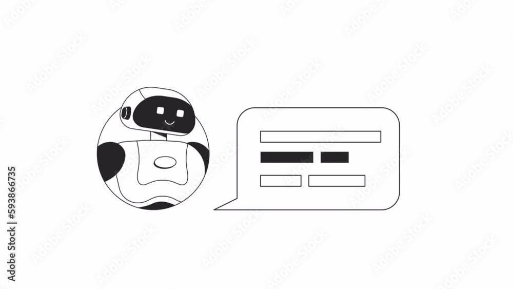 Wall mural bot answering in chat bw animation. animated faq chatbot 2d flat monochromatic thin line character. 