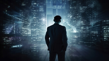 Young businessman looks out of the window in the big city in the evening Successful Finance Executive Project Planning Strategies. Generative AI.