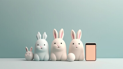 Easter egg in a row with rabbit dall at back of smart phon. ai generative.