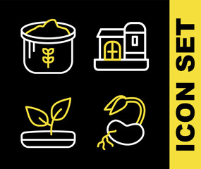 Set line Farm house, Sprout, and Bag of flour icon. Vector