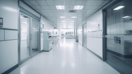 A long corridor in a hospital with various procedural rooms. Generative AI.