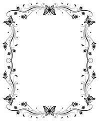 Floral frame. Ornament with butterfly, flowers and foliage in retro style isolated on white background.