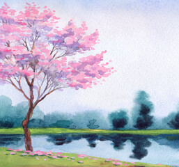 Watercolor landscape. Flowering tree by the lake