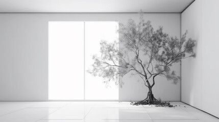 minimal white room with tree in room 3d illustration. Generative AI.